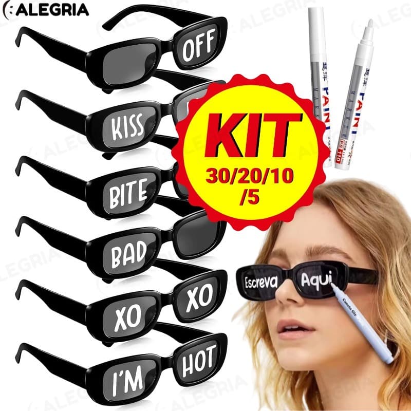 Kit 5/10/20/30 Oculos Vintage Retro Preto Liso + Caneta Giz Festa Casamento-AL