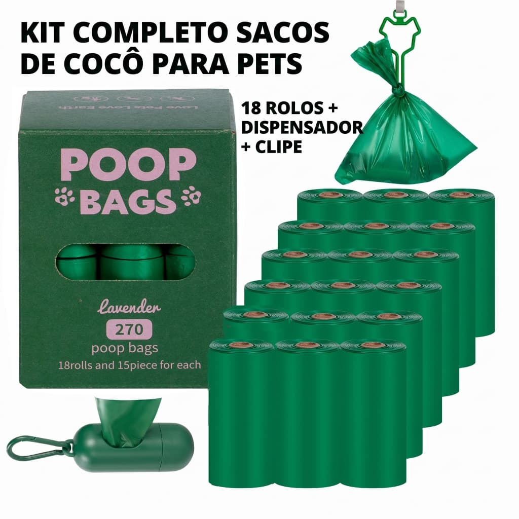 Sacos Biodegradáveis Para Cocô De Cachorro 18 Rolos-Recarga Ecológica , À Prova De Vazamentos , Inclui Dispensador + Cai