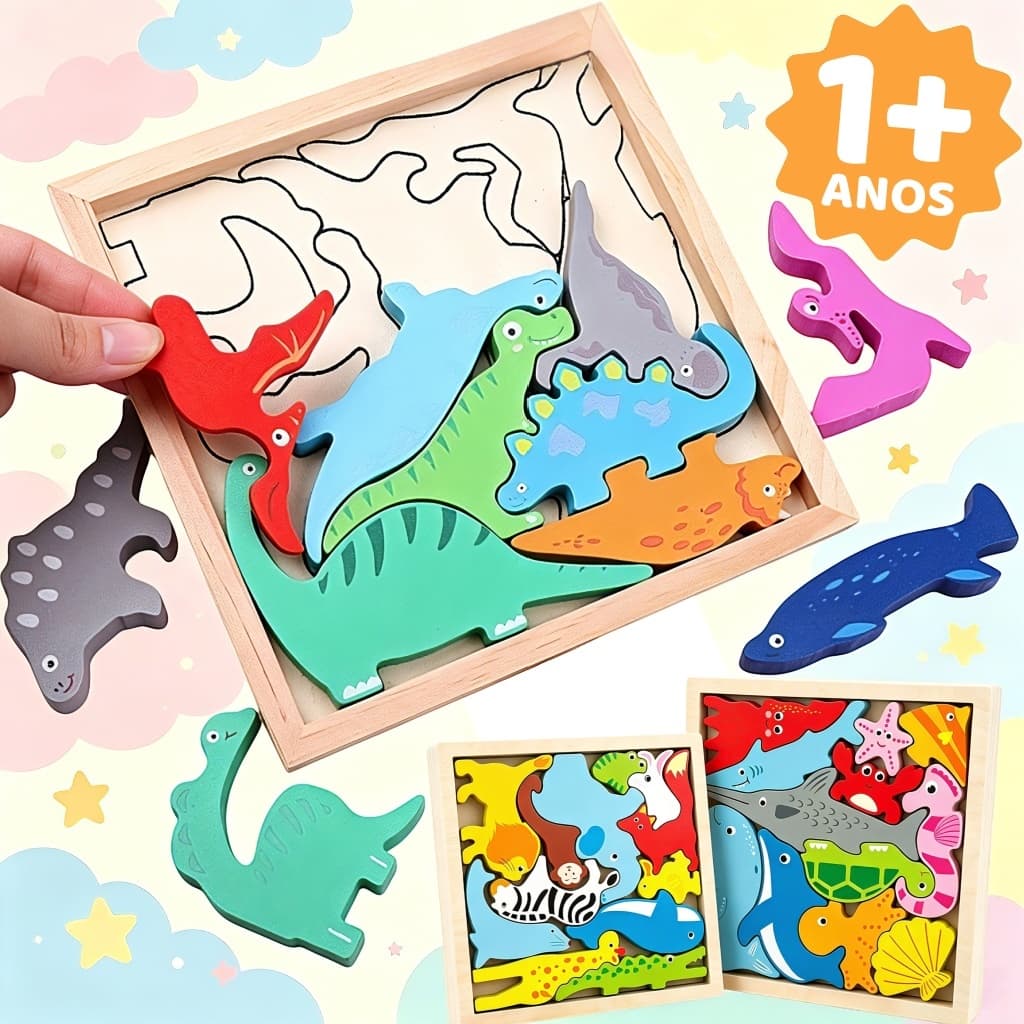Quebra-Cabeça de Dino 3D em Madeira - Brinquedo Educativo Montessori Sensorial para Bebês e Crianças Pequenas
