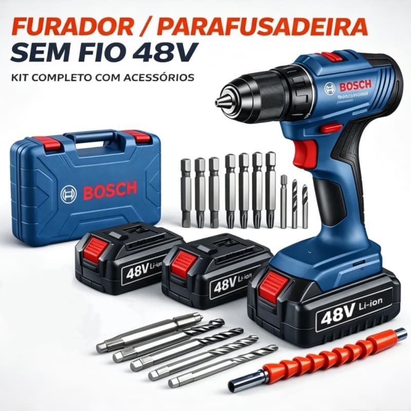 Parafusadeira e Furadeira Profissional de Impacto a Bateria 48V Bosch,Com 24 acessórios