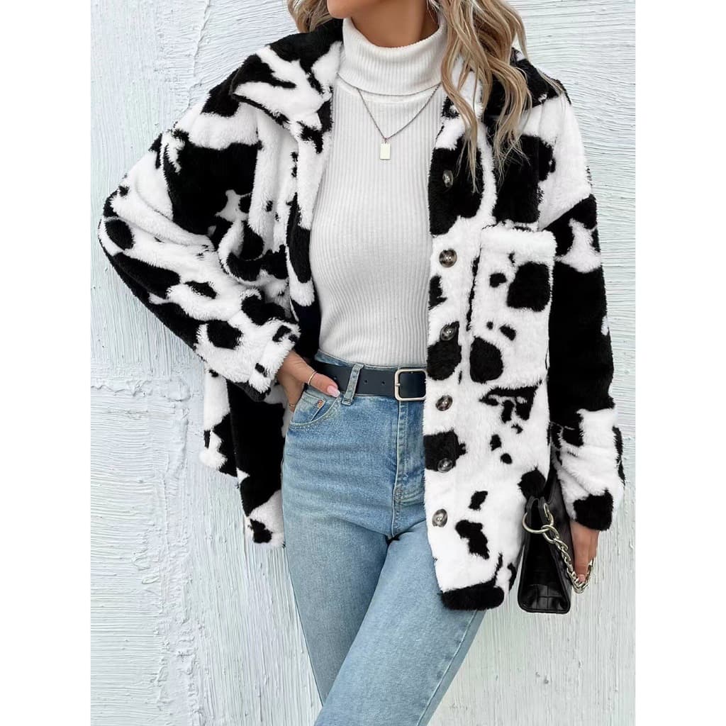 Casaco De Pelúcia Feminino Outono Inverno Jaqueta Com Estampa De Vaca Bolso Casual Quente Agasalhos