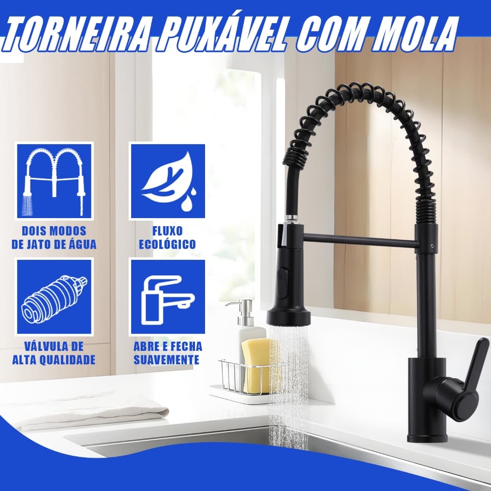Torneira de Cozinha com Mola, Misturador Frio e Quente, 2 Modos de Água