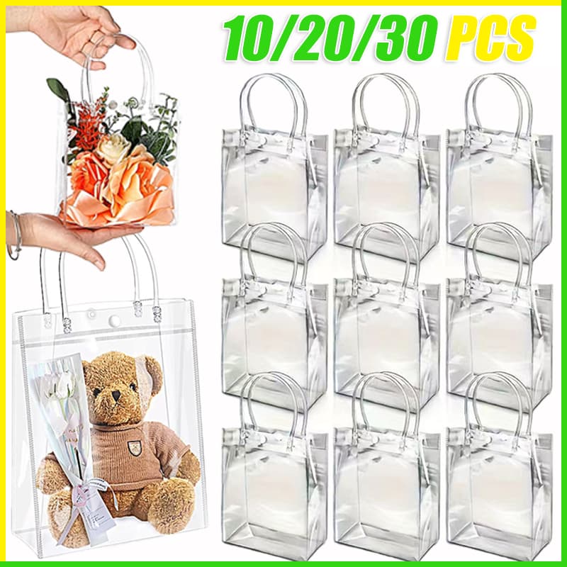Saco de presente transparente 10/20/30 PCS com alça PVC, ideal para festas e biscoitos