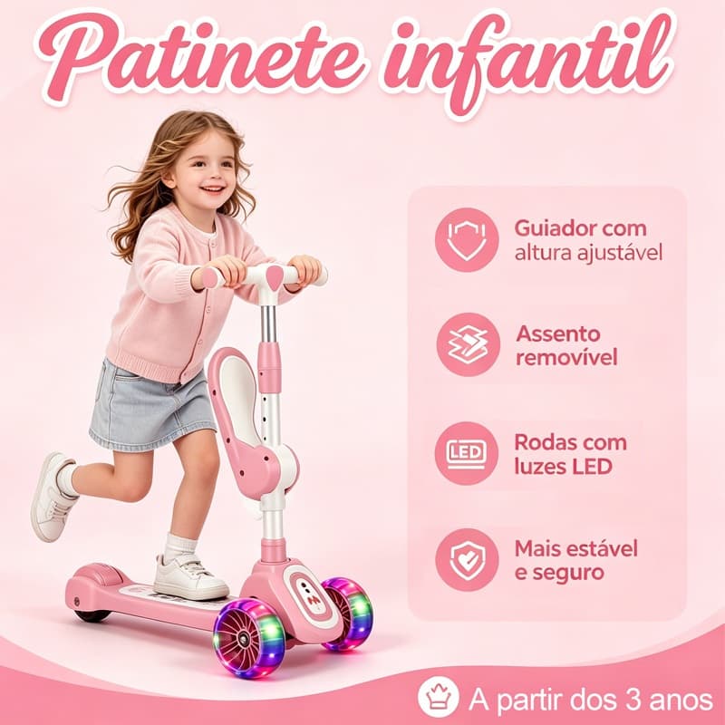 Patinete Infantil 3 em 1 Ajustável Radical Dream Light, Suporta até 50Kg com Rodas para Crianças
