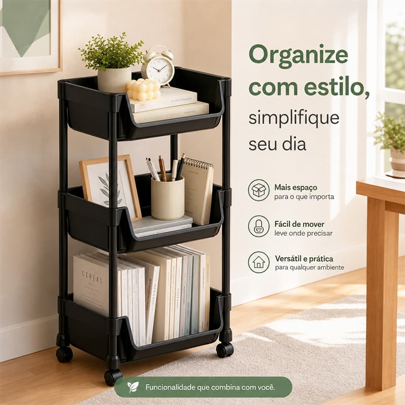 Carrinho Organizador Multiuso com Rodinhas, 3 Prateleiras para Manicure Banheiro e Lavanderia