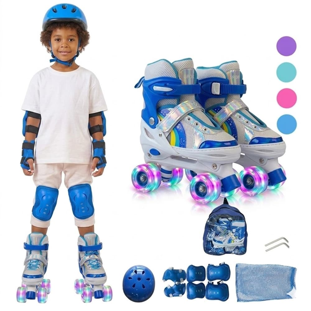 Patins Infantil Ajustável Roller Com Kit Proteção E Capacete Reforçado Rodas LED