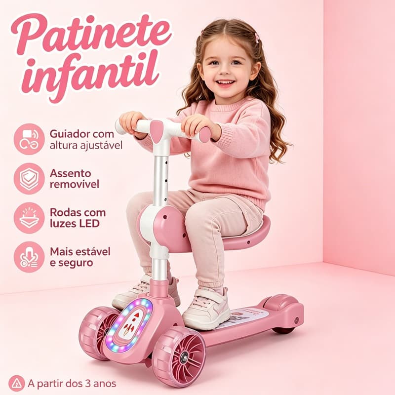 Patinete 3 em 1 Infantil Ajustável Rodas Iluminadas Dream Light, Radical até 50Kg para Crianças