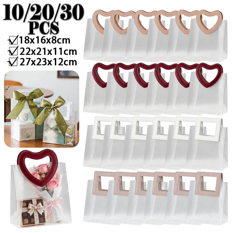 Kit Bolsas Sacola Plástica Transparente Flexível De PP Alças Coração e Quadrada Em Cores Para Presente Brinde 10-30 PCS