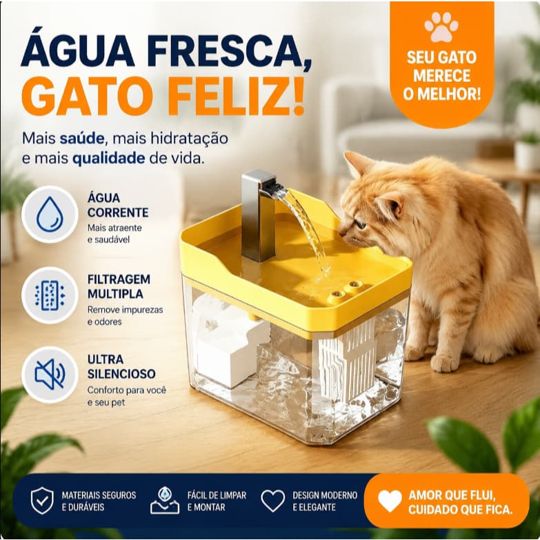 Fonte de água para gatos com filtro automático e bomba de água