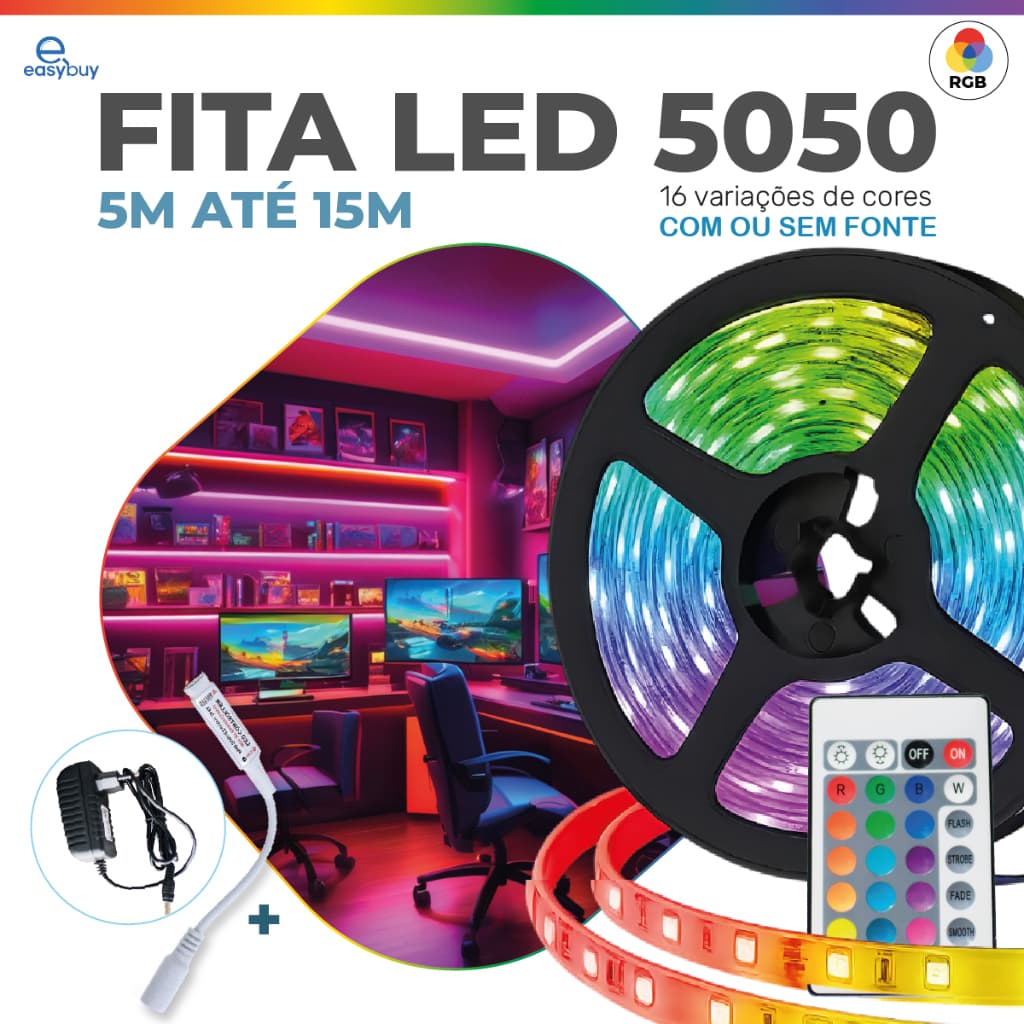 Fita LED 5050 SUPER LED ULTRA RGB 15M 12V 300 LEDS FITA + CONTROLE + FONTE | 16 CORES IP20