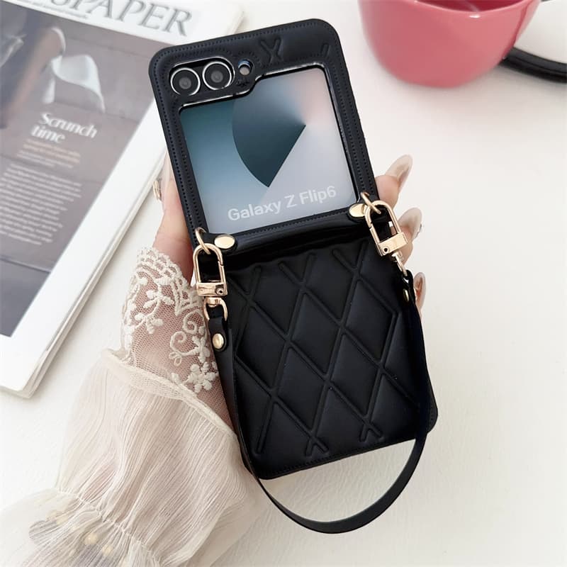Linha Do Carro Losango Mão Corda Tela Dobrável Capa De Couro Luxo Para Samsung Galaxy Z Flip 8 7 7FE 6 5 4