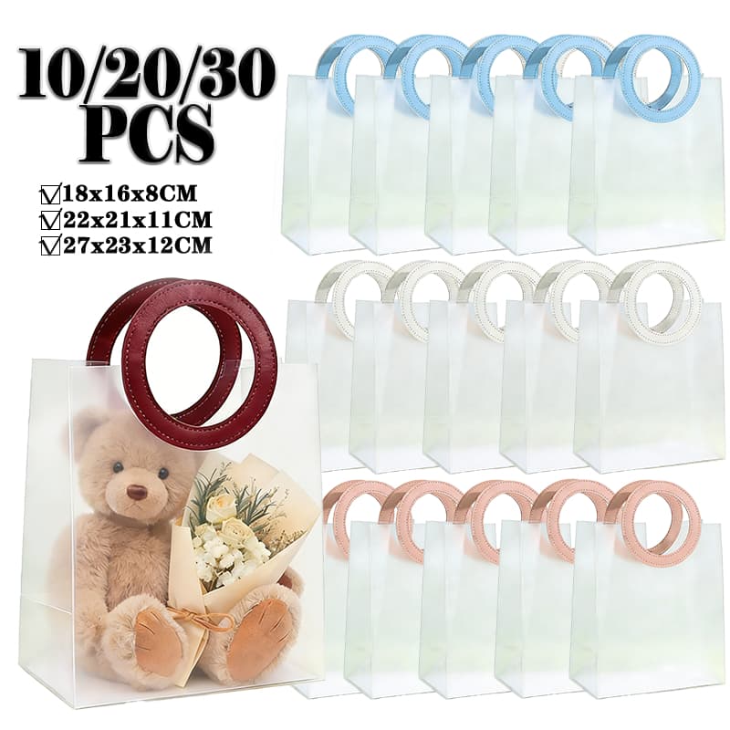 10/20/30 Bolsas Sacola Plástica Transparente Flexível De PVC Alça Redonda Couro Sintético Em Cores Para Presente Brinde
