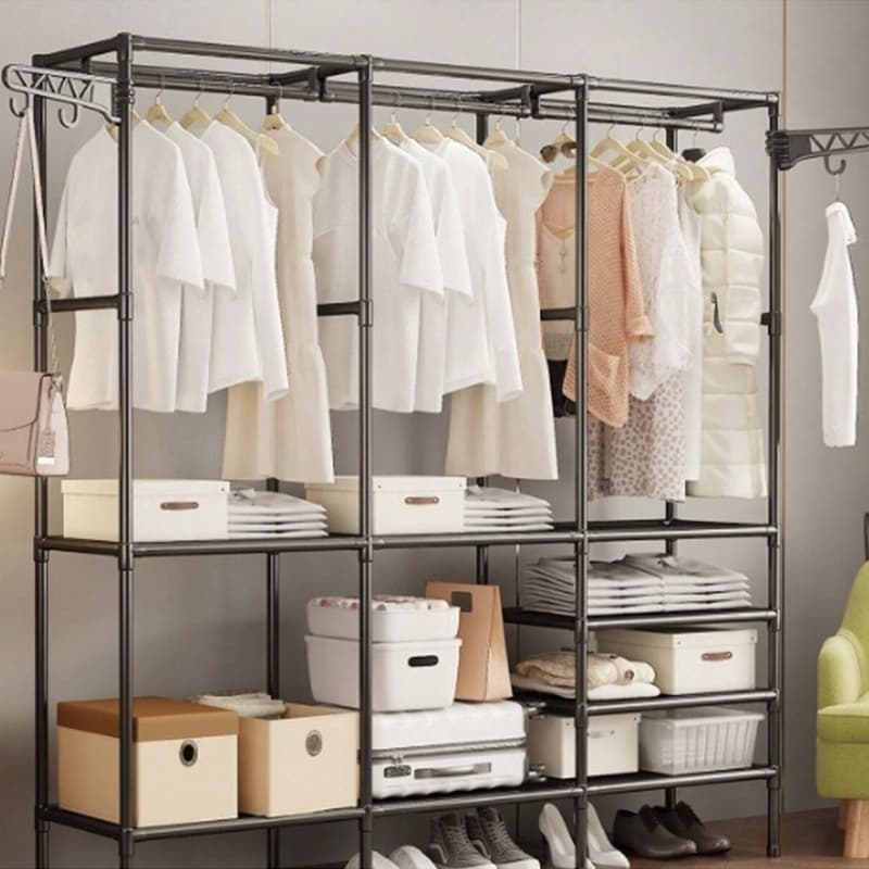 Rack De Roupas Portátil Com Guarda-Roupa Removível De 3 Compartimentos Para Uso Doméstico