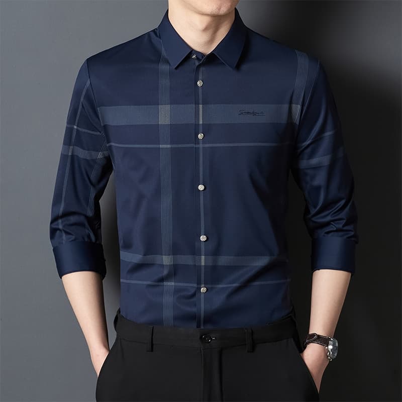 Camisa masculina de manga comprida, negócios Casual sem costura gelo seda não ferro elástico, camisa xadrez