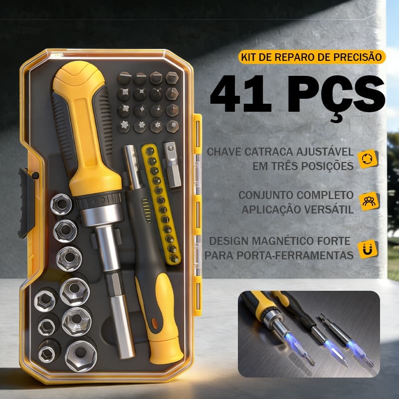 Kit Chave Catraca 41 Peças com Soquetes e Bits Profissional para Reparos Gerais