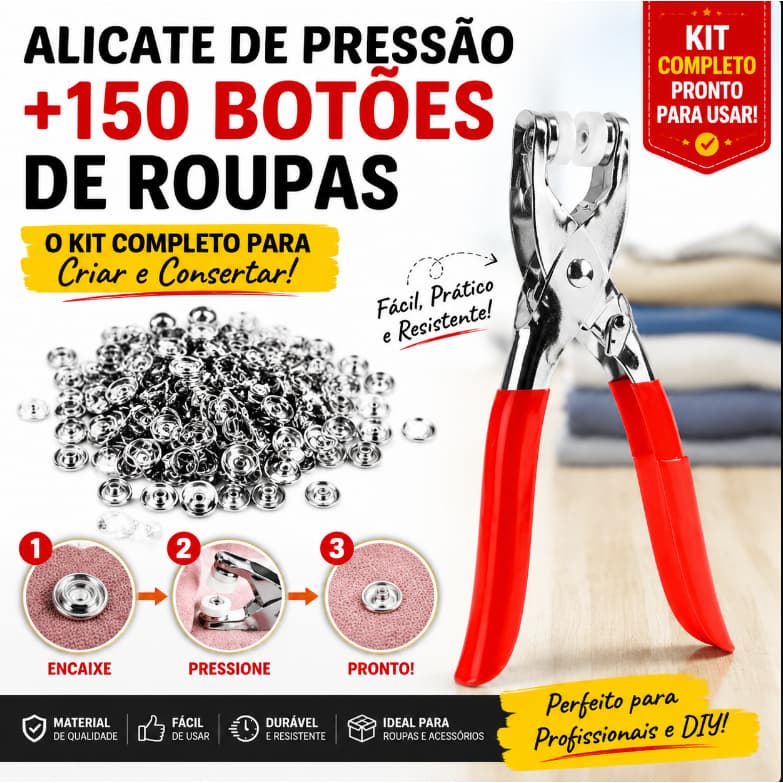 Alicate Aplicador com 150 Botões de Pressão de Metal, Kit Completo para Roupas, Costura e Artesanato