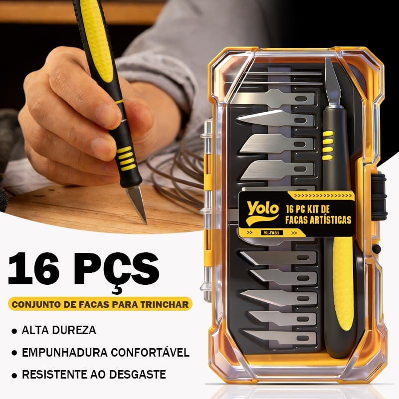 Kit Estilete Profissional 16 Peças Lâmina SK5 Antiderrapante para Artesanato e Modelismo