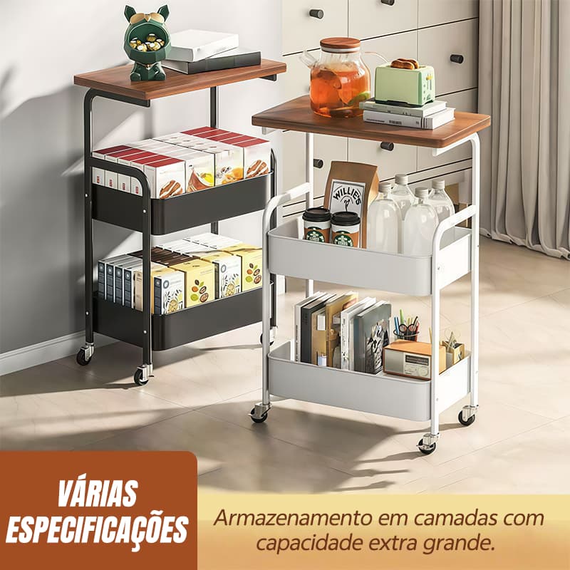 Carrinho Organizador 3 Andares em Aço Espessados Organização em Camadas e Roda com Trava I Metal Prateleira com Rodinhas