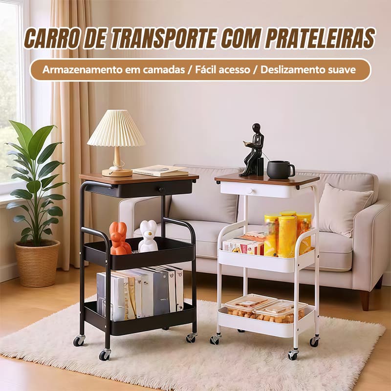 Carrinho Organizador 3 Andares em Aço Espessados Organização em Camadas e Roda com Trava I Metal Prateleira com Rodinhas