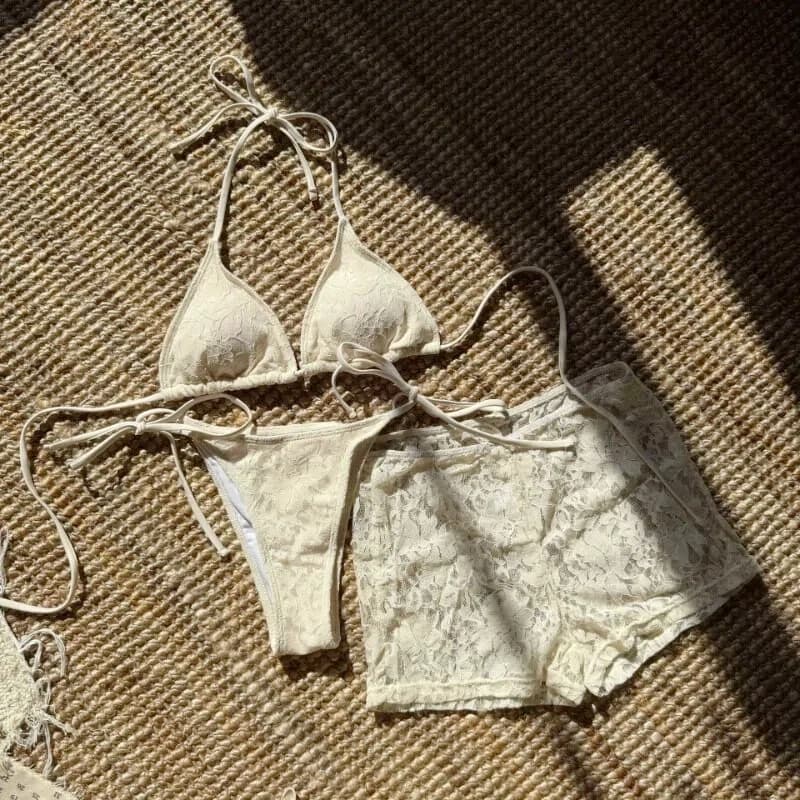 Novo Conjunto De Biquíni Com Alça De Renda De 3 Peças Maiô Boxer Curto