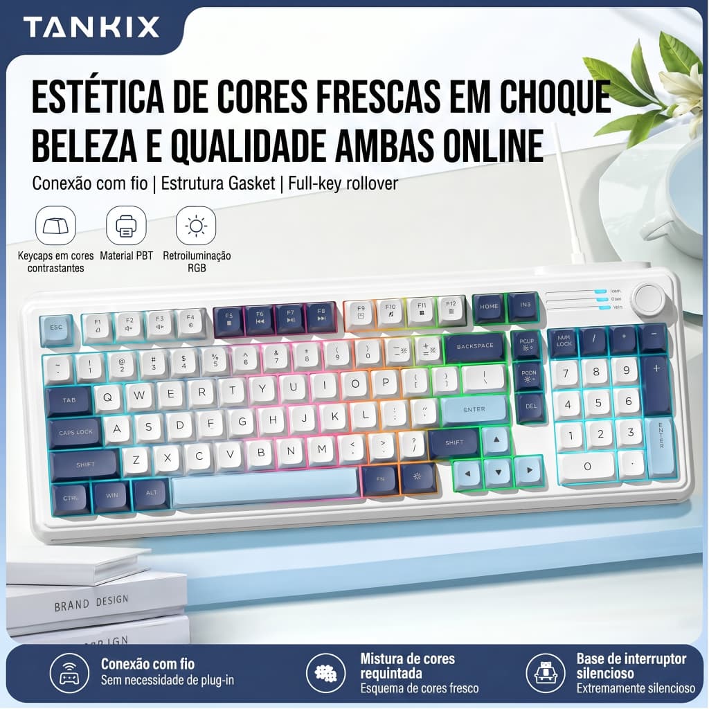 tankix98 Teclas Junta Teclado Com Fio PBT Keycaps RGB Retroiluminado Full Key Rollover Silencioso USB Plug and Play Para
