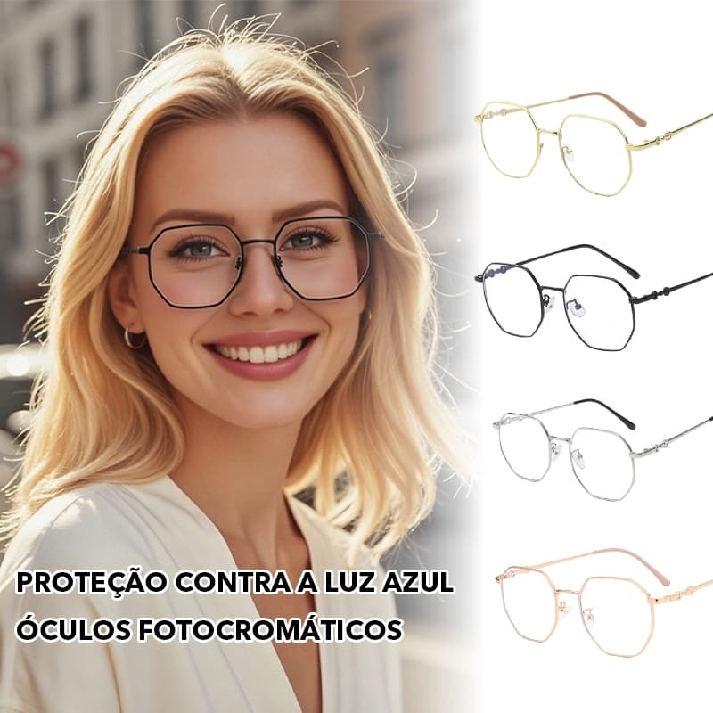 Óculos poligonais literários de Metal fotossensível automático, armação feminina Anti-luz azul para miopia