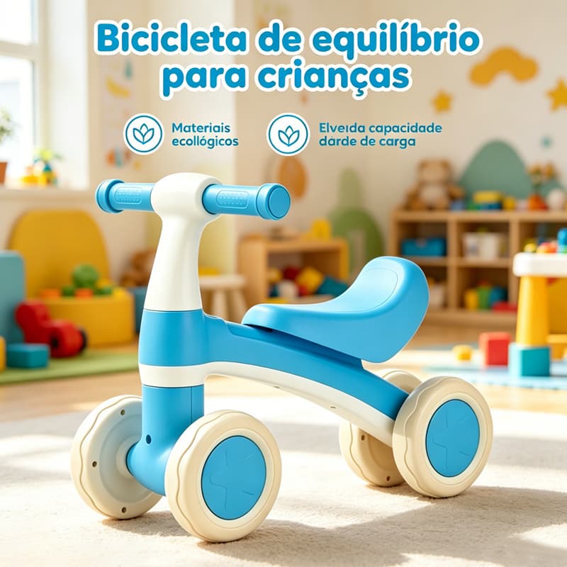 Bicicleta de Equilíbrio Infantil 4 Rodas Sem Pedais Anti-Tombamento 54cm Desenvolve Coordenação Motora