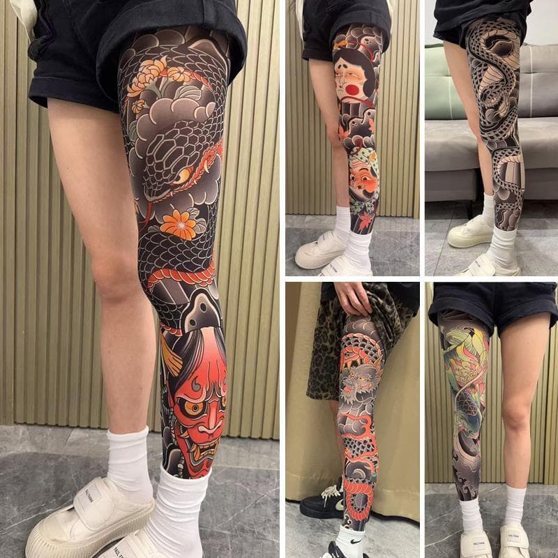 Meias com estampa de tatuagem, mangas de proteção solar para as pernas, proteção UV, frescas e respiráveis, unissex