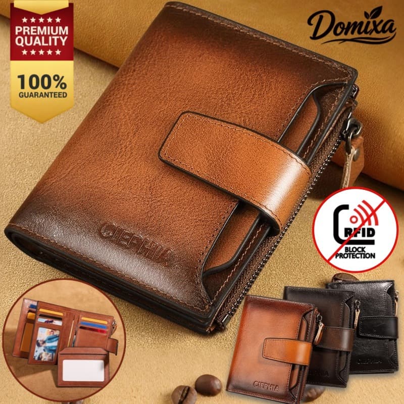 Carteira masculina retrô de couro legítimo com três dobras e sistema antifurto, disponível em três cores-DM