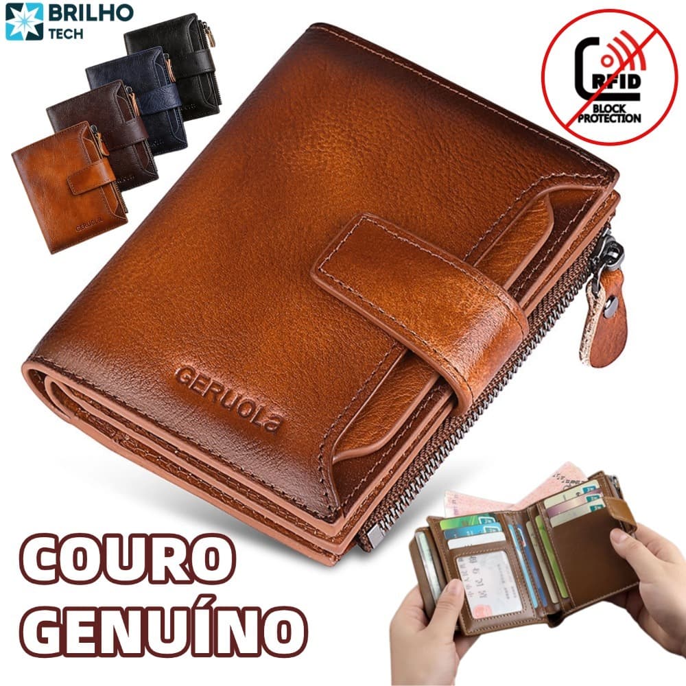 Carteira masculina retrô de couro legítimo com três dobras e sistema antifurto, disponível em três cores-BT