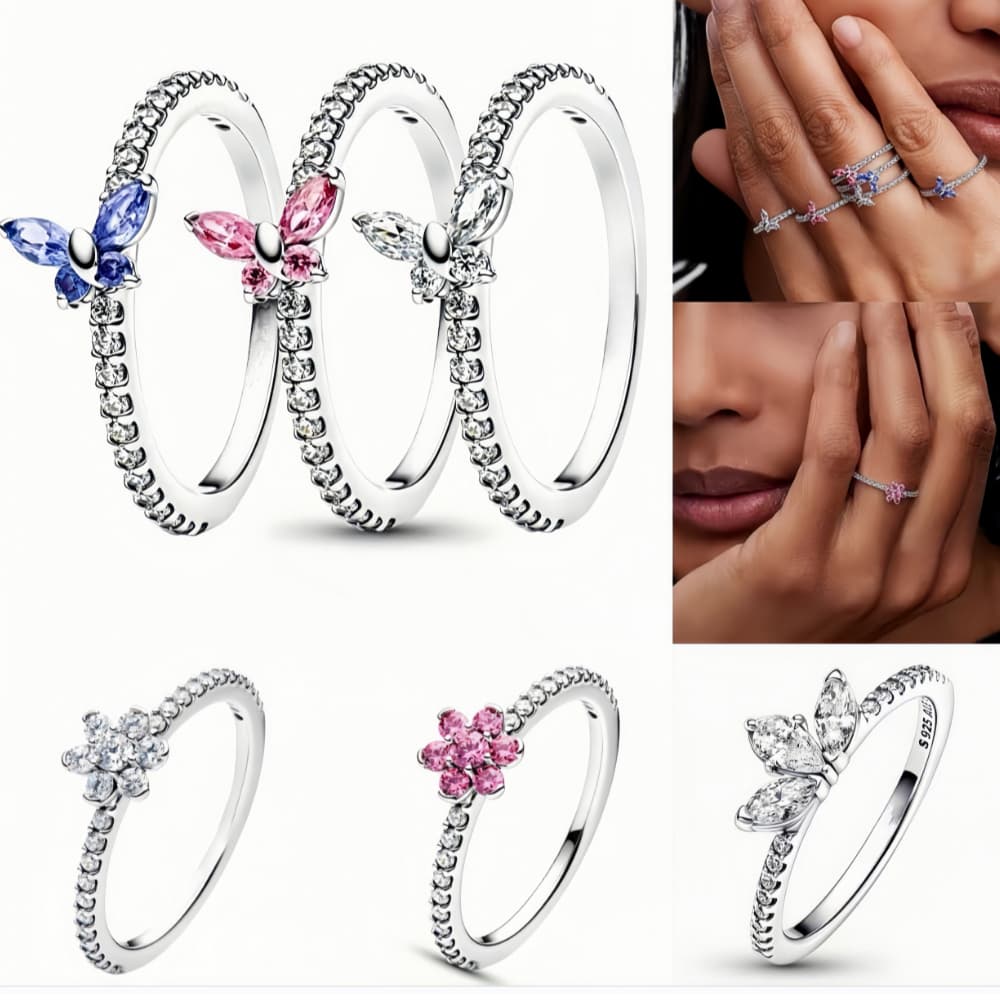 Novo estilo S925 prata brilhante flor anel elegante moda borboleta senhoras anel dia dos namorados presente requintado