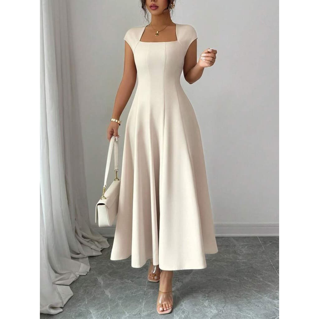 Vestido Maxi Feminino Com Gola Quadrada E Manga Elegante Formal Evasê * & -