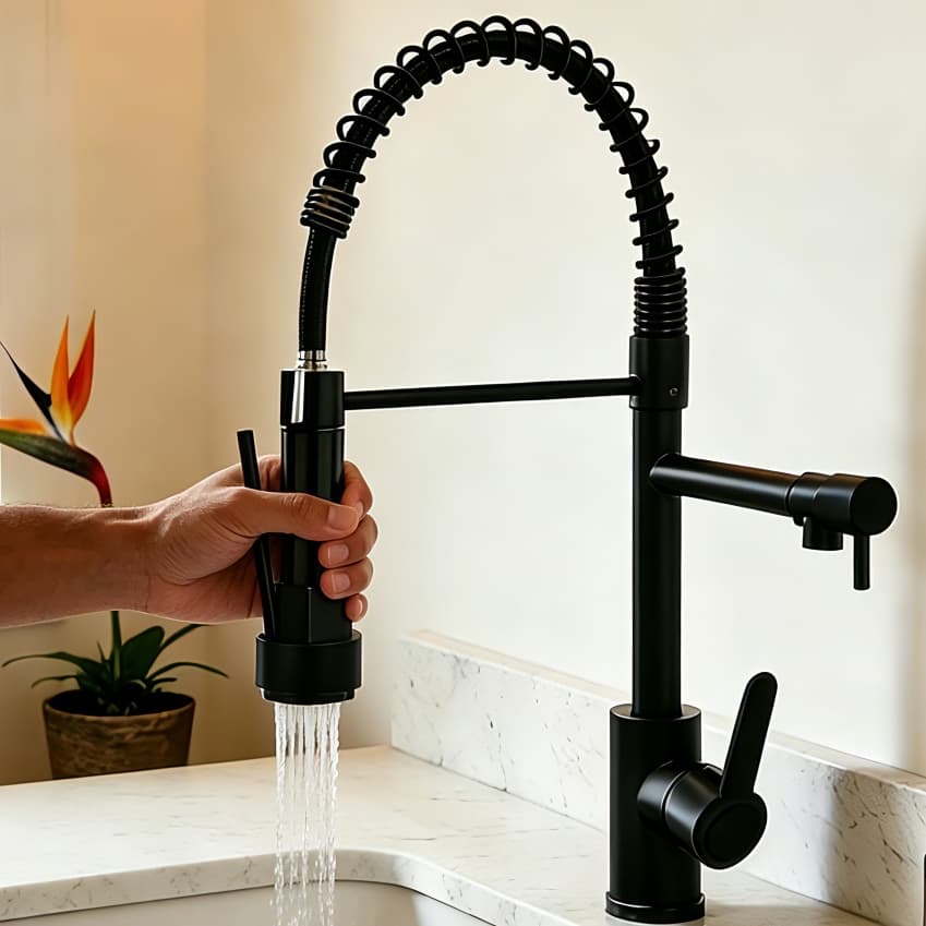 Torneira De Cozinha , spray pull-down De Alça Única , Mola Para Mistura De Água Quente E Fria .