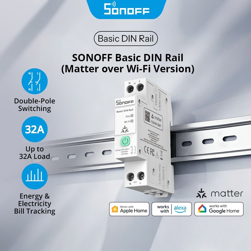 SONOFF Basic-1GSP Trilho DIN Básico Matéria Sobre Versão Wi-Fi Carga 32A Energia Eletricidade Bill Rastreamento Compatív