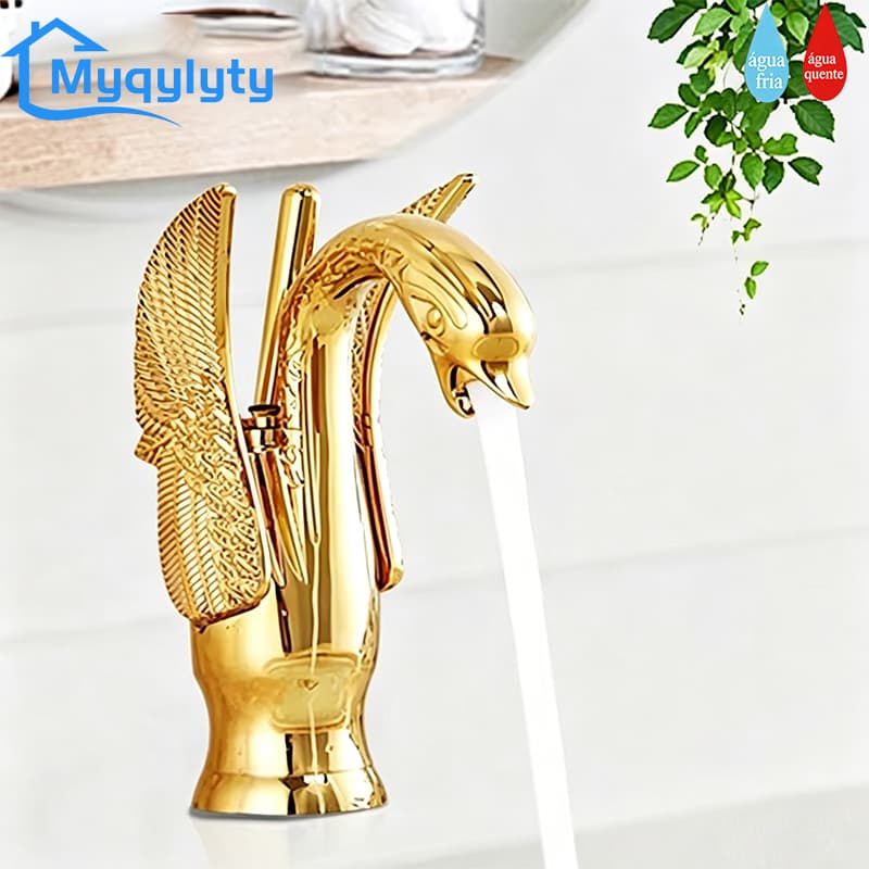 Torneira Monocomando Misturador Banheiro Lavabo Dourado Forma de cisne