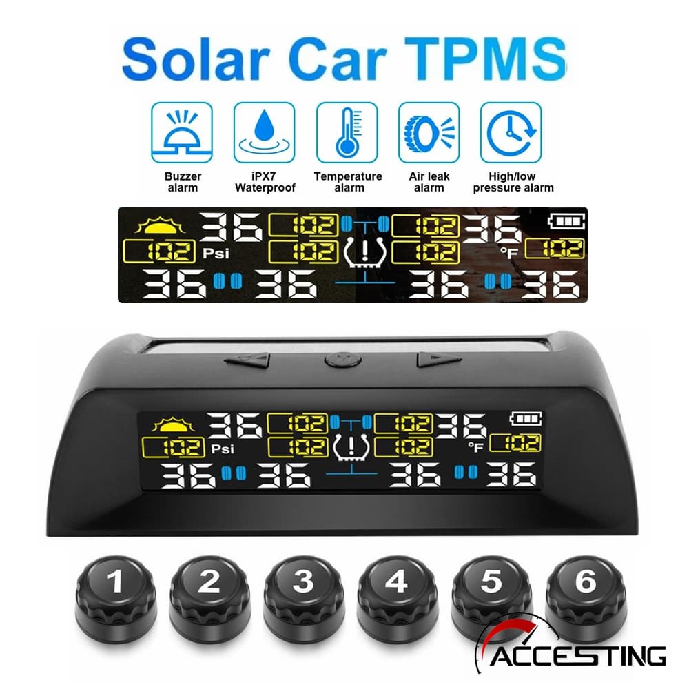 Monitor De Pressão Dos Pneus TPMS De 6 Sensores Externos , Carregamento Duplo Solar E USB , Display Colorido Para Caminh