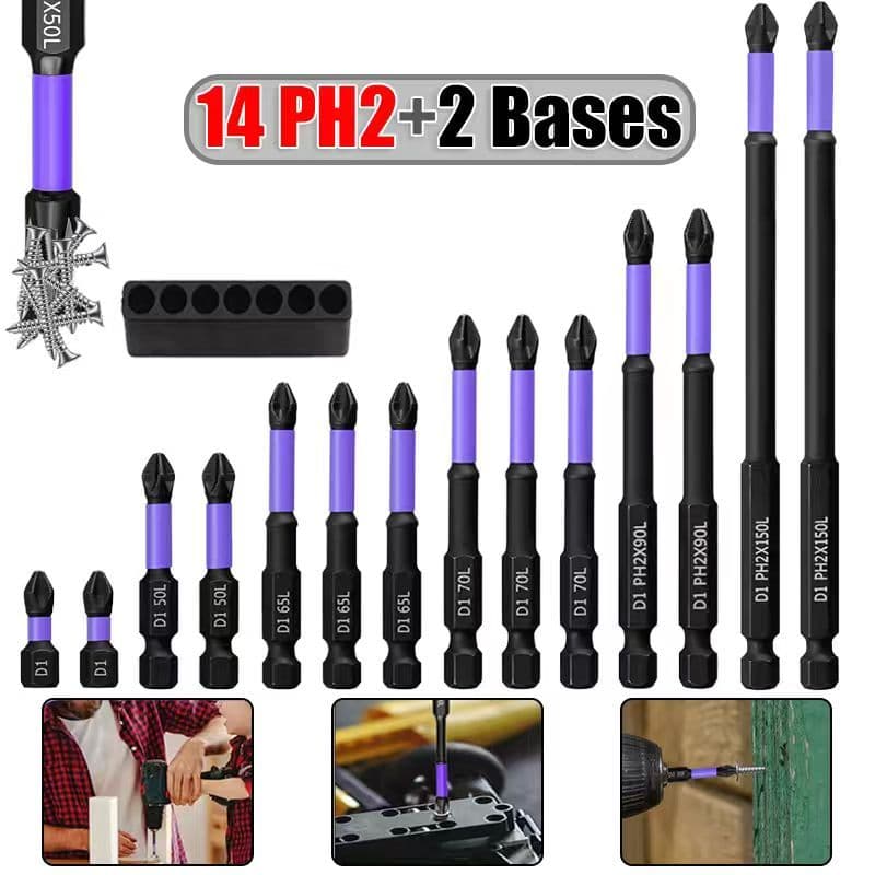 14 Peças Bits PH2 Cabeça De Lote Magnético Chave De Fenda Cruzada Parafuso De Broca De Impacto 25-150 mm