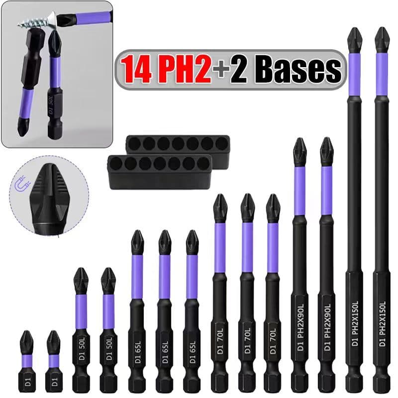 Kit 14 Bits Cruzado Magnéticos PH2 de Impacto Anti Derrapante Encaixe Preciso Anti choque Philips 25-150mm