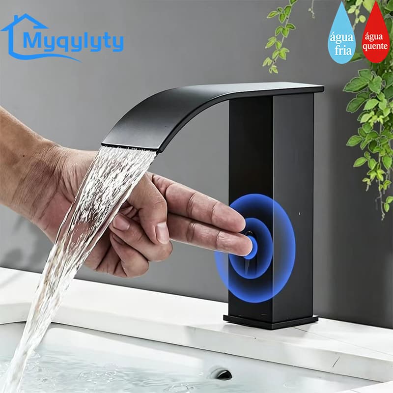 Sensor Torneira Banheiro Automática Cascata Água latão Lavatorio Misturador Preto/Cromado/Dourado