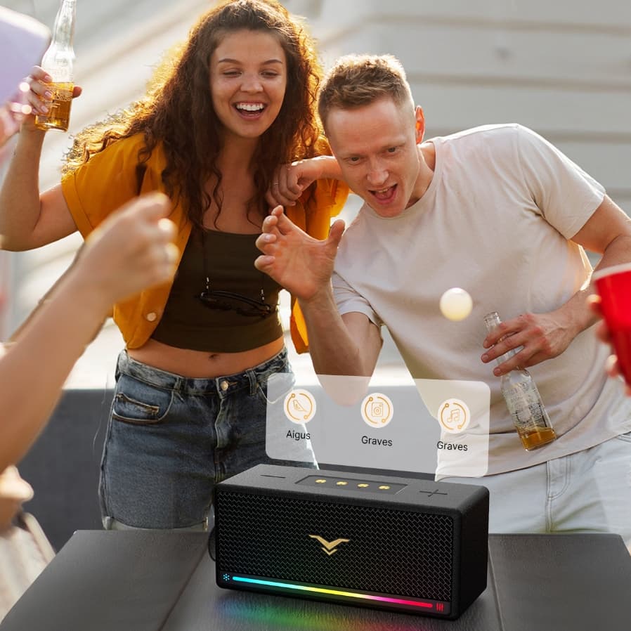 GoFreeMax Caixa de Som Bluetooth 80W IP67 À Prova de Poeira, TWS, LED Dinâmico, Som Potente para Praia, Festa e Outdoor