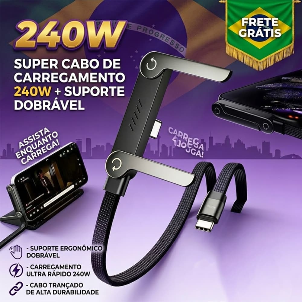 Cabo De Carregamento Ultra Rápido 240w Tipo C Com Suporte Dobrável Para Celular Gamer