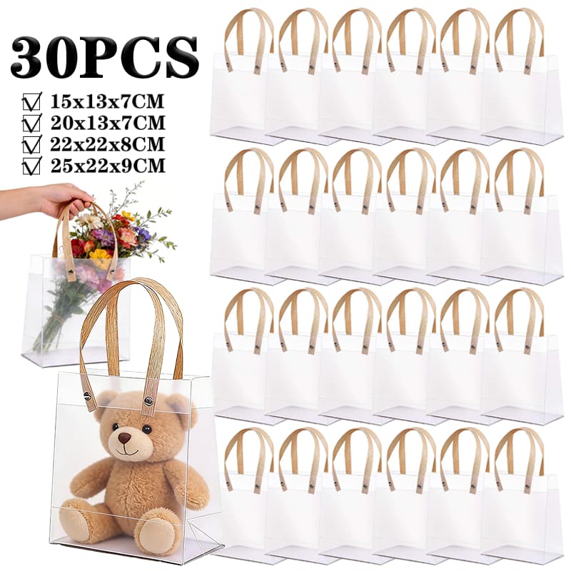 Saco de PVC transparente fosco com alça de papel Kraft-25x22x9cm，10-30 peças