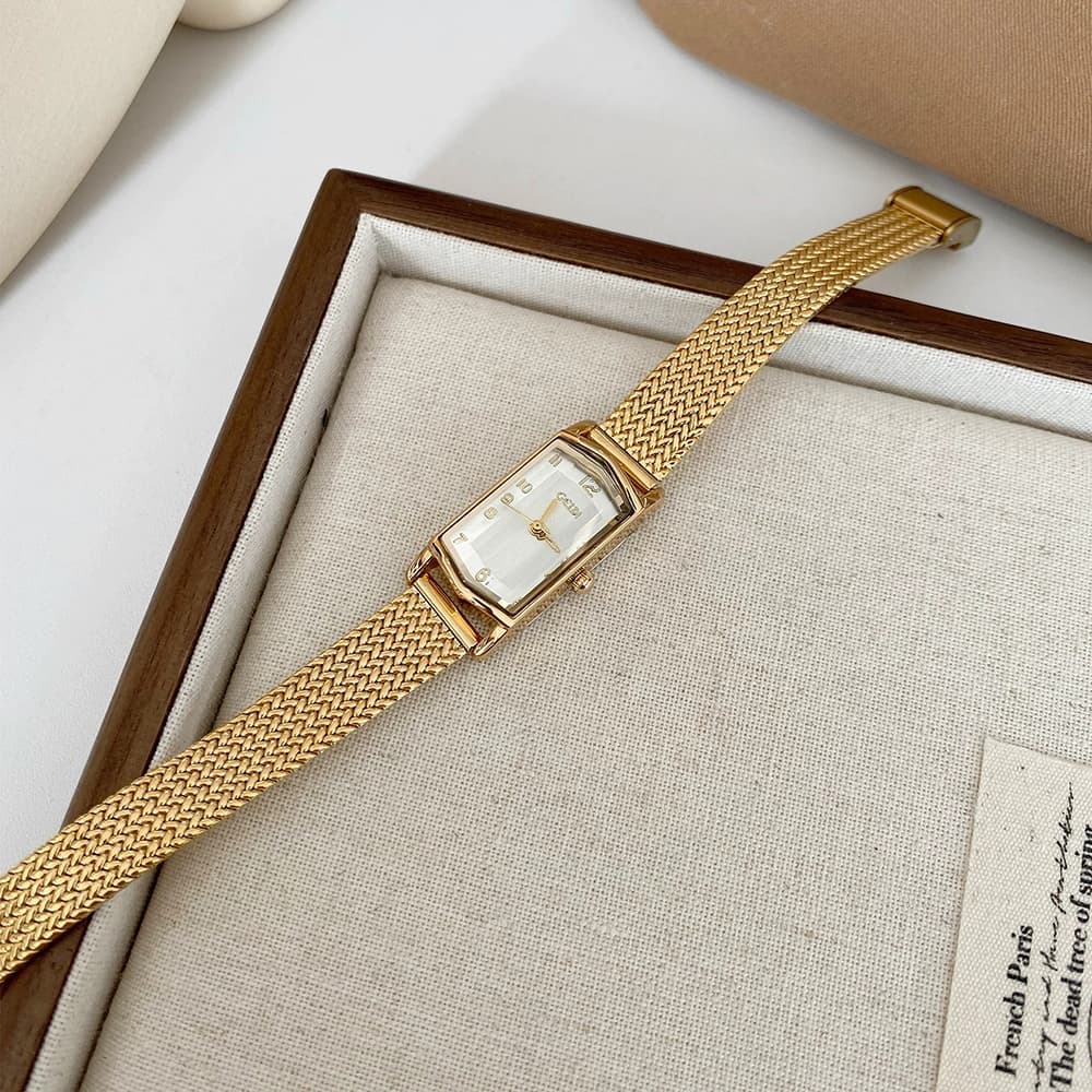 GEDI Relógio Feminino Vintage Dourado Elegante Luxo Retangular Mostrador Quartzo Relógios Femininos Malha