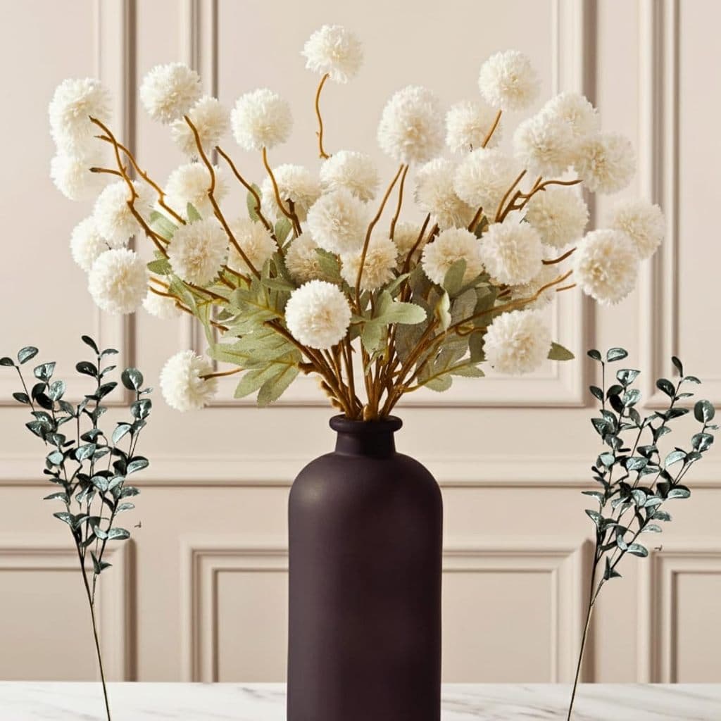 Mães Artificiais Brancas Com 2 Hastes De Eucalipto-10 Flores Falsas De Haste Longa Para Vasos , Decoração Floral Realist