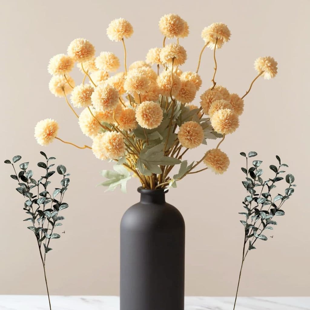 10 Hastes De Crisântemo Artificial Amarelo Com Eucalipto , Flores De Seda Falsa Para Vaso , Arranjo De Festa De Casament