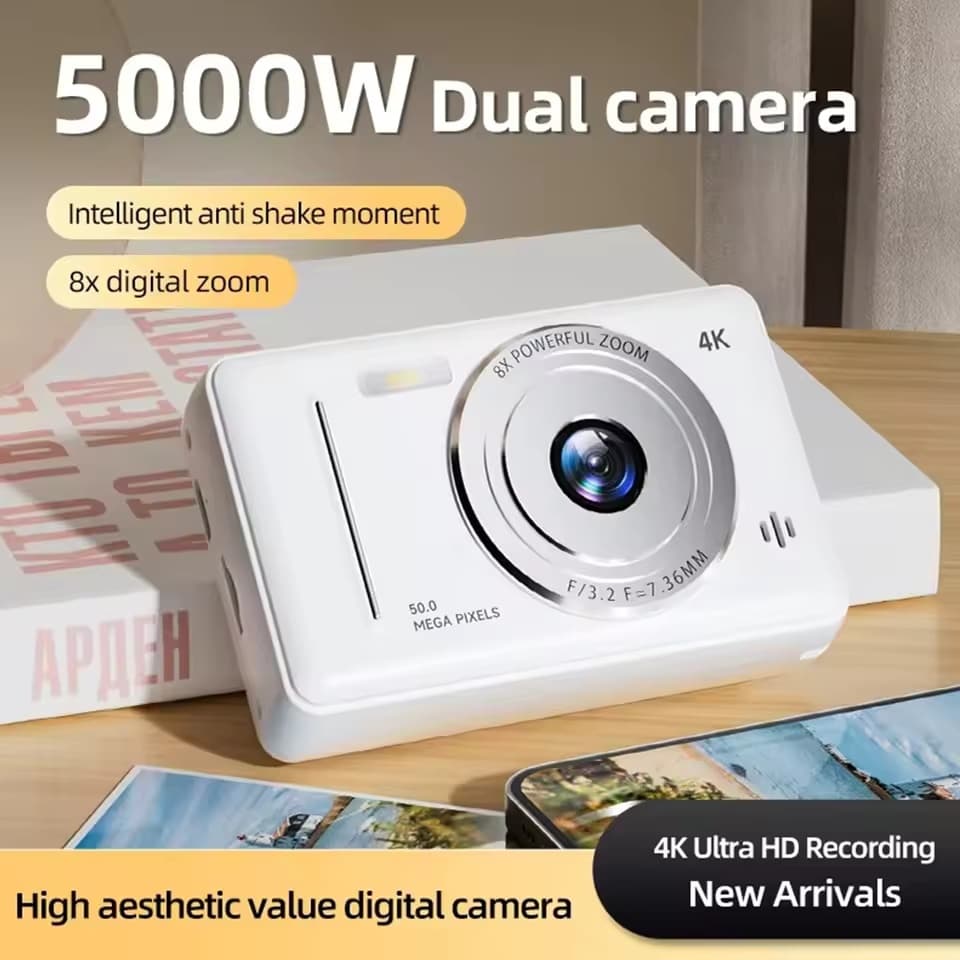 2026 Nova Câmera Digital 4K Retro CCD 50 Milhões De Pixels De Cartão Portátil Nível De Entrada Dupla Flash 8X Zoom Foco