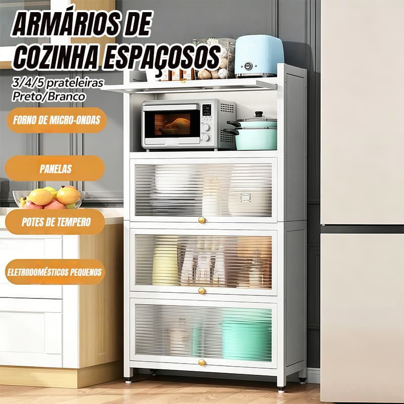 Armário de cozinha à prova de poeira com prateleiras multifuncionais em aço carbono Multicamadas Preto/Branco