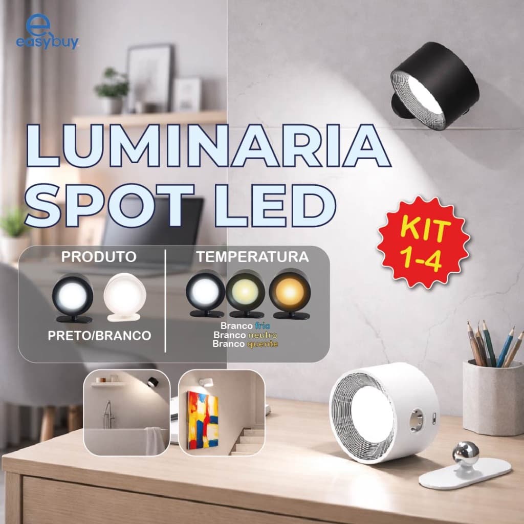 Luminária Spot Led 8W Arandela Cabeceira Luz de Parede 3 Tons de Luz Recarregável USB  4.9  177 Avaliações