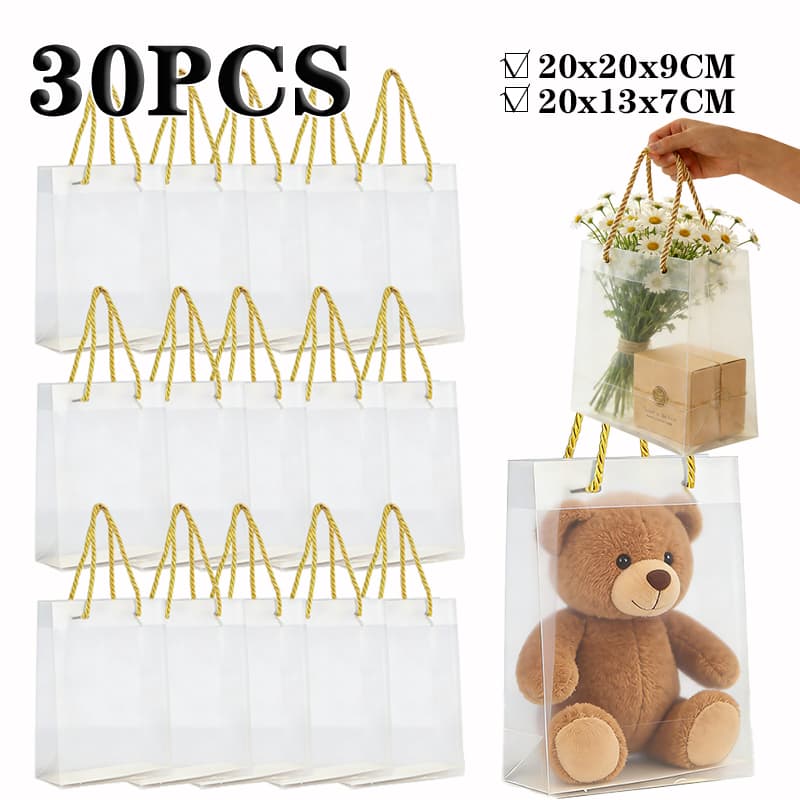 Kit 10/20/30 Sacolas PVC Fosco Transparentes Alça de Tecido Dourada para Lembrancinhas