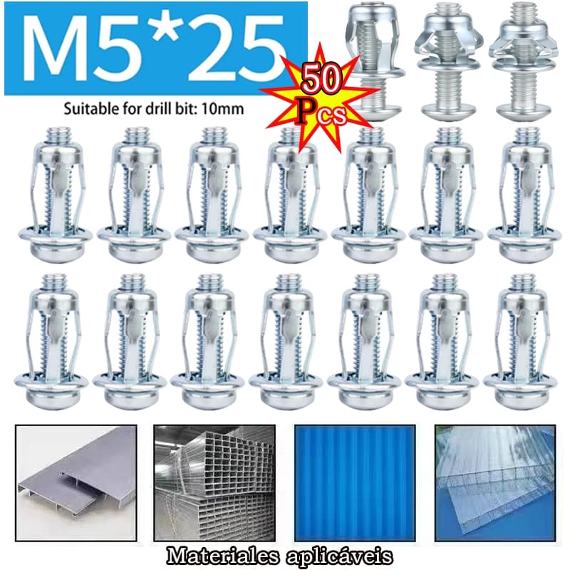 Kit 100/50/20/10 Grampos Rebite de Expansão Metal Aço M5 x 25 mm Fixação Segura Profissional